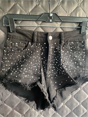 Labijou Black Rhinestone Denim Shorts Bedazzled bling Y2K size small